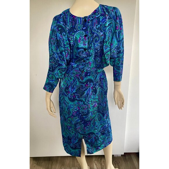 1980s Maxi Dress, Size L, Paisley Belted Dress by Van Ultra, 80s Dress for Work - Picture 4 of 10